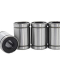Front view: four silver LM10UU linear bearings (10x19x29 mm) for 3D printers, metal housings with black seals.