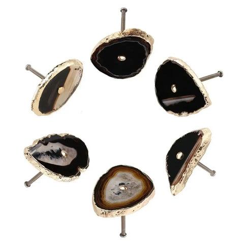 Sharp Natural Agate Stone Cabinet Knobs With Gold Plated Mounting Plates For Dressers Wardrobes And Bathroom Vanities No Sweat Screw In Setup, close-up view of six black agate knobs.
