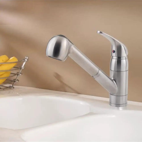 First Rate Pfirst Series Single Handle Pull Out Kitchen Faucet in Stainless Steel with 360 Degree Swivel Spout Water Efficient 1.75 GPM