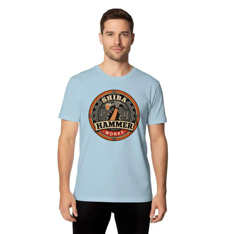 Cool Vintage Hammer Gear Badge Shiba T-Shirt For True DIY Guys Who Love Garage Art Retro Distressed Look Unisex Style With Bold Design on a man in a light blue shirt.