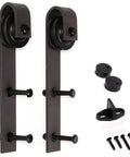 Knotty Pine Sliding Barn Door Kit hardware components, showing metal handles, screws, and rollers for smooth silent tracks.