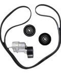 Premium Belt Tensioner And Idler Pulley Kit For 2.0L 2.4L Engines In Your Ride Fits 2006-2015 Models To Fix Squeaky Belts And Keep Your Car Running Smooth As Butter Without Breaking The Bank., black serpentine belt, tensioner and two idler pulleys on white background