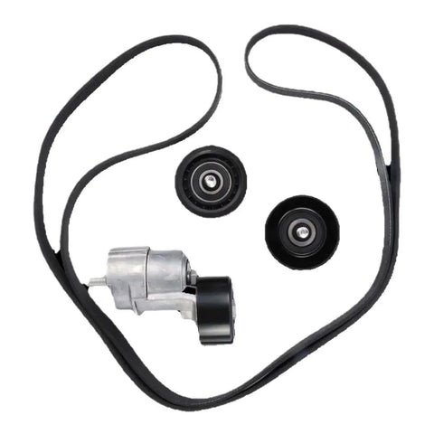 Premium Belt Tensioner And Idler Pulley Kit For 2.0L 2.4L Engines In Your Ride Fits 2006-2015 Models To Fix Squeaky Belts And Keep Your Car Running Smooth As Butter Without Breaking The Bank., black serpentine belt, tensioner and two idler pulleys on white background