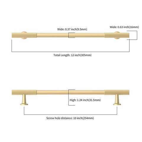 10 Piece 10 Inch Brushed Gold Kitchen Cabinet Handles With Sleek Profile dimensions showing screw hole distance and length