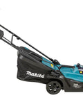 Smooth Operator 18V Li Ion Cordless Lawn Mower With 330mm Two Tooth Mulching Head shown from side, featuring foldable grip and grass catcher.