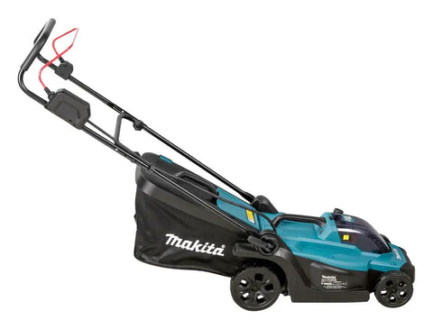Smooth Operator 18V Li Ion Cordless Lawn Mower With 330mm Two Tooth Mulching Head shown from side, featuring foldable grip and grass catcher.