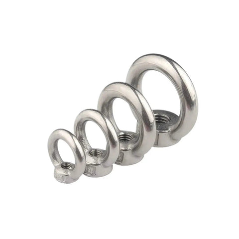 Rock Solid 304 Stainless Steel Lifting Eye Bolt Ring Nut set of four sizes for heavy duty marine rigging and industrial use.