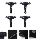 4 Pack Heavy Duty Iron Barn Door Strap Hinges With Matte Black Finish, showcasing pre-drilled holes for easy installation.
