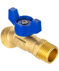 Pro Level Outdoor Spigot With One Half Inch Male Npt Inlet Plus Three Quarter Inch Male Ght Hose Bibb Fitting, brass valve with blue handle.