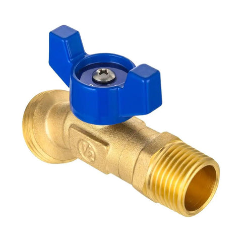 Pro Level Outdoor Spigot With One Half Inch Male Npt Inlet Plus Three Quarter Inch Male Ght Hose Bibb Fitting, brass valve with blue handle.