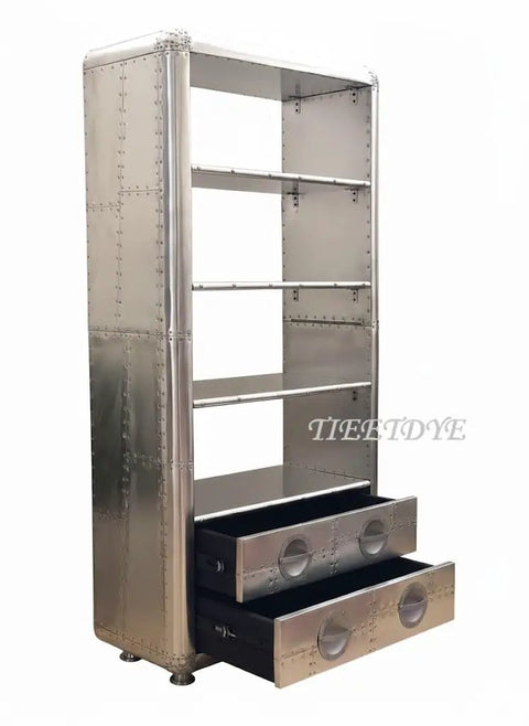Legit Industrial Aviator Bookcase Featuring Four Hella Spacious Open Shelves And Two Smooth Glide Storage Drawers With Solid Metal Frame.