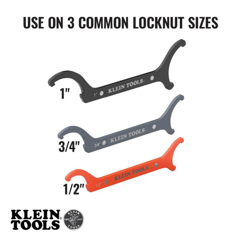 Conduit Locknut Wrench Set in Compact Alloy Steel Design With Magnetic Storage Built For Tight Spots Includes One Half Inch Three Quarter Inch And One Inch Wrenches