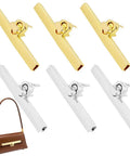 Six sets of metal turn-lock purse clasps with washers in gold and silver for handbag hardware.