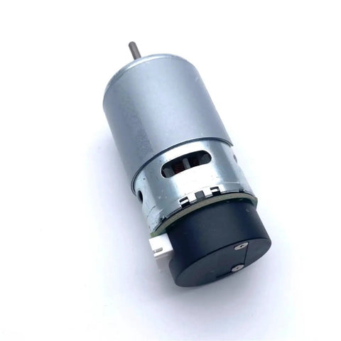 RS-555 Permanent Magnet DC Hall Encoder Gear Motor 6V 12V 24V High Speed Up To 16000 RPM close-up view with silver metal casing and black end.