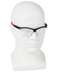 Lightweight Small Safety Glasses With Clear Anti Fog Lenses And Black Frame Pink Tips, side view on a mannequin head.