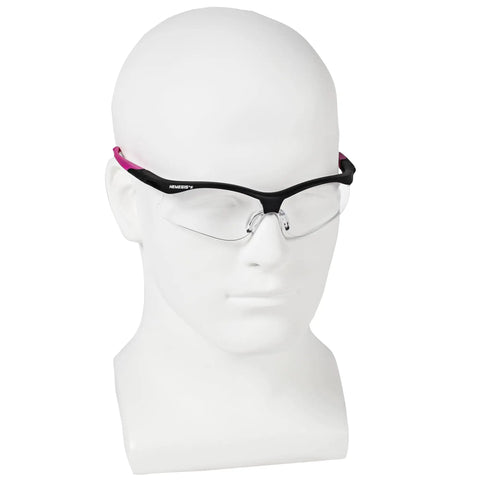 Lightweight Small Safety Glasses With Clear Anti Fog Lenses And Black Frame Pink Tips, side view on a mannequin head.