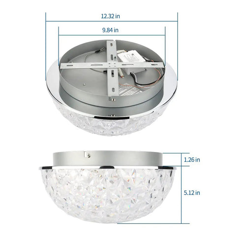 LED Ceiling Light Fixture Flush Mount With Crystal Dome Modern Chandelier dimensions and chrome-plated finish