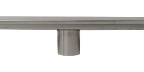 Top Shelf Heavy Duty 47 Inch Polished Stainless Steel Linear Shower Drain showing the sleek design and strainer connection.