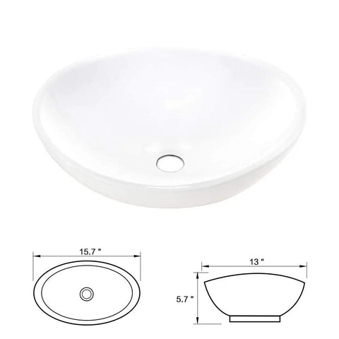 White Vessel Sink And Brushed Nickel Faucet Combo For Above-Counter Bathroom Vanity, 16x13 Inch Oval Sink, Kaolin Porcelain