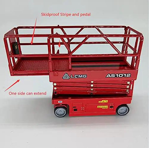 1 30 Scale Self Propelled Scissor Lift Model With Extendable Cylinders Push To Glide Skid Proof Deck Built In Access Ladder Hella Rugged Red Work Platform Replica For Garage Shelves, showing skidproof stripe and extendable side.