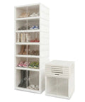 Foldable Six Tier Shoe Rack Organizer With Clear Magnetic Doors Space Saving Holds Up To 12 Pairs Of Shoes Heavy Duty Slim Vertical Cabinet For Bedroom Entryway Or Garage White featuring shoes in various compartments, alongside an additional single-tier unit.