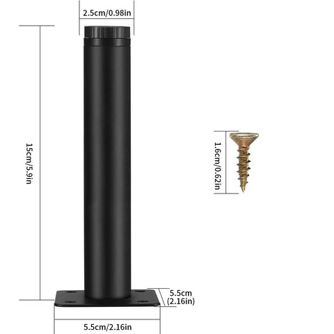 4 Pack Adjustable Metal Furniture Legs 6 Inches High Heavy Duty Cabinet Feet with screw, measurements shown, black finish
