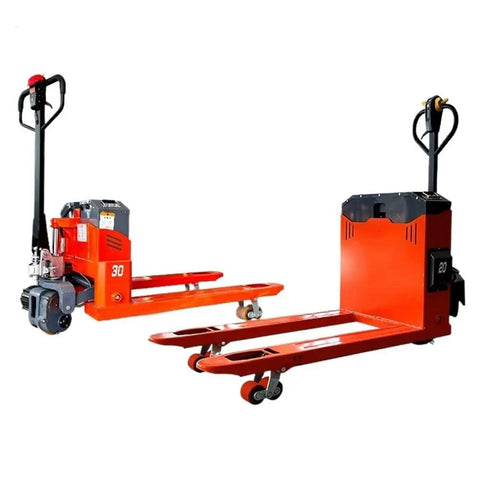 Heavy Duty Electric Pallet Jack With Integrated Digital Scale And Removable Lithium Battery For Slick Warehouse Cruising And Heavy Lifting Without The Sweat 6600 Lb Capacity Motorized Lift Truck in red, front view.