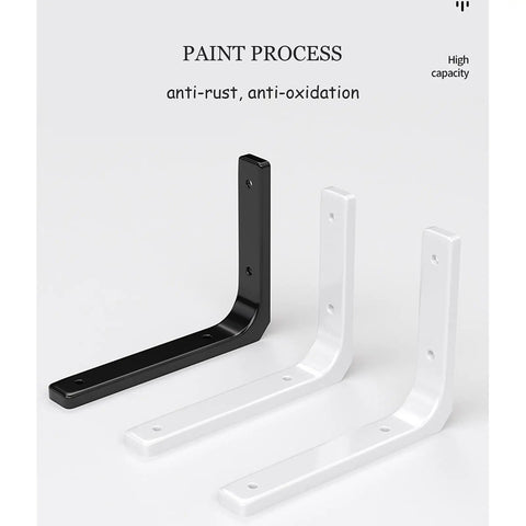 Heavy Duty Metal Wall Mounted Floating Shelf Brackets Set Of Two Knockout Rust Resistant White Supports For No Fuss Wall Decor And Rock Solid Furniture Fixes, showing black and white L brackets for shelves.