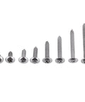 304 Stainless Steel Self Tapping Screws For Woodworking And Metal Projects, Flush Head For Tight Spaces, Multiple Sizes Displayed