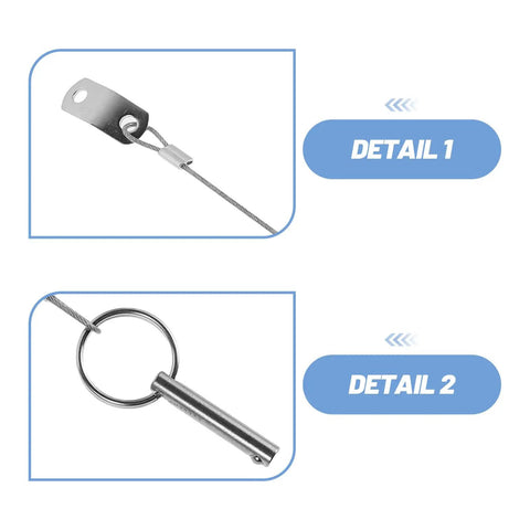 Stainless Steel Boat Bimini Top Pins Quick Release 2 Pack With Lanyard Tough Marine Canopy Hardware For Sailboats And Yachts Easy Install And Secure Fit For Daily Maintenance And Emergency Repairs, close-up of stainless steel pin and lanyard