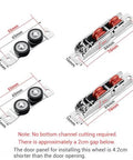 Sliding Door Hardware Kit Heavy Duty Aluminum Track for Closets and Cabinets with Adjustable Triple Panel Bypass F Mount, roller wheels and dimensions detailed.