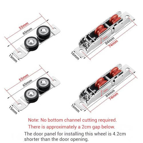Sliding Door Hardware Kit Heavy Duty Aluminum Track for Closets and Cabinets with Adjustable Triple Panel Bypass F Mount, roller wheels and dimensions detailed.