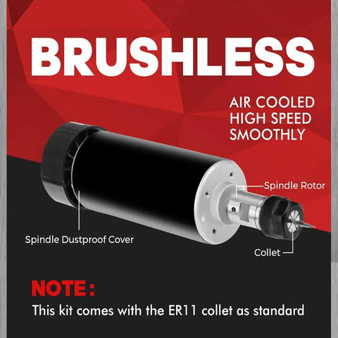 Beefed Up CNC Spindle Motor Kit 500W 48V DC High Speed 12,000 RPM air-cooled spindle with parts labeled.