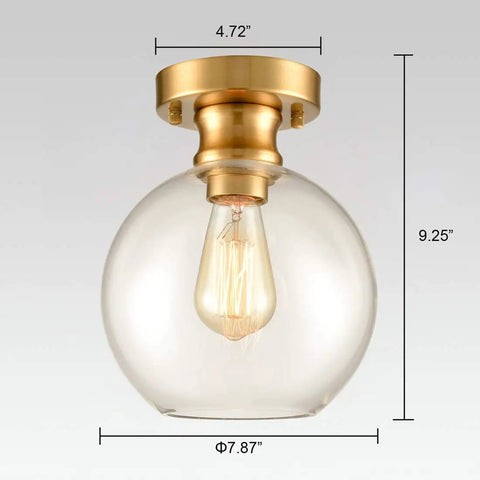 Gold Ceiling Light Fixture Flush Mount With Globe Clear Glass Shade, 7.87 Inch, Mid Century Modern Vibe, with Edison bulb