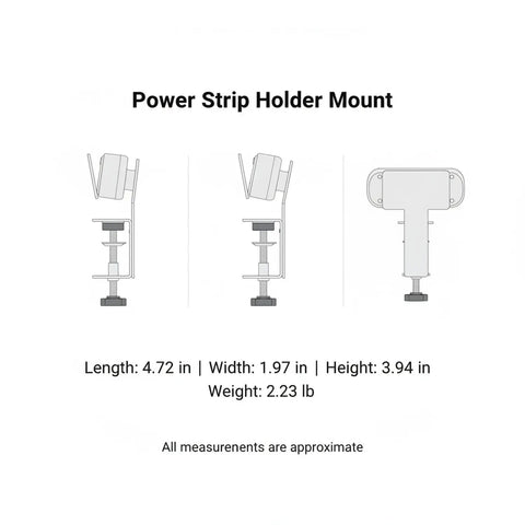 Carbon Steel Power Strip Mount Wall And Desk Bracket For Surge Protectors side and front view with measurements.