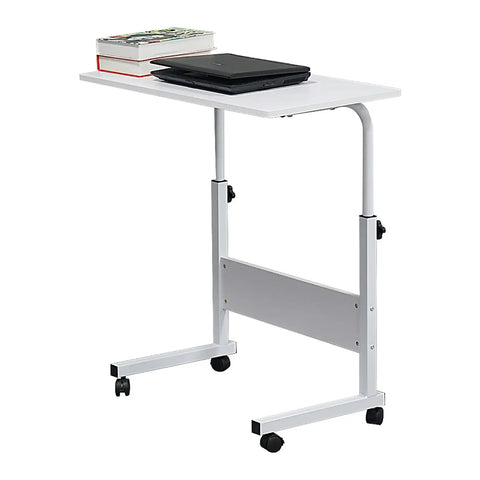 Adjustable standing computer desk with smooth locking wheels, white top, and storage for cozy living room setups.