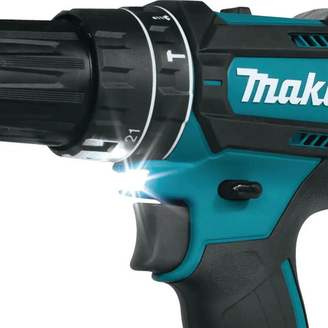 Close-up of the Eighteen Volt Combo Drill Featuring Rock Solid Keyless Chuck Dual Gear Motor Up To Sixty Two Newton Meters Torque.