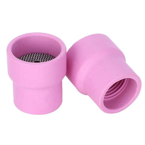 Premium 2 Piece Ceramic Welding Cups That Are A Total Game Changer For WP 9 20 And 25 Torch Series Tools; pink ceramic cups with mesh.