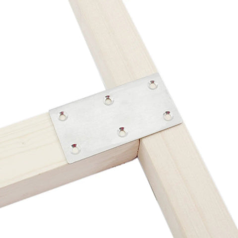No Fuss Four Pack Heavy Duty Mending Plates Stainless Steel Straight Brackets securing wooden corners in a furniture project.