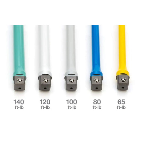 Five color-coded torque sticks from Half Inch Drive Torque Extension Set That Slaps, 8 Inch Long Sticks For Easy Clearance.