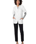 Mens Short Sleeve Lab Coat White 31 Inch Consultation Jacket With Chest Pocket And Angled Pockets Unisex Medical Scrub Top For Docs And Nurses Reinforced Seams Built To Last, model wearing white coat.