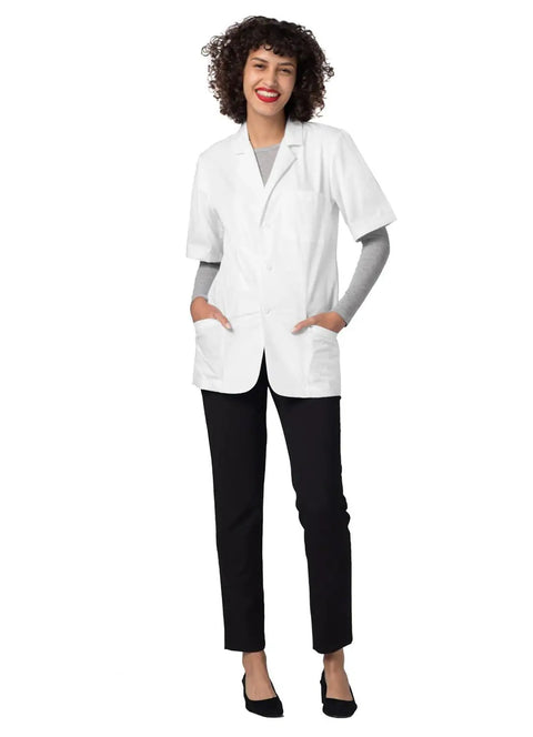 Mens Short Sleeve Lab Coat White 31 Inch Consultation Jacket With Chest Pocket And Angled Pockets Unisex Medical Scrub Top For Docs And Nurses Reinforced Seams Built To Last, model wearing white coat.