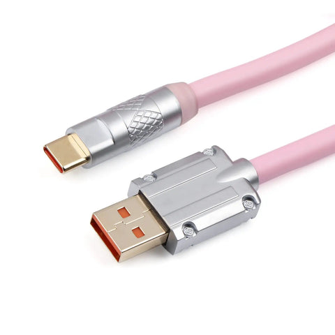 Puff Aviator Coiled USB C Cable For Mechanical Gaming Keyboards Detachable Type C With Aviation Connector Durable Dope Snug Fit For Windows Mac Gamers RT100 TH68 Pro TH80 Pro TH96 TH80 SE CIDOO V65 Pink, close-up of pink USB-C and aviator connectors