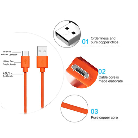 Orange Beefy USB Charging Cable For Ring Video Doorbell 2 3 Plus 4 Pro Plus Peephole Cam, 6ft length, micro USB connector.