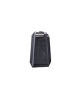 Rear view of black battery powered stereo amplifier for guitars and keyboards totally portable mini PA with effects controls