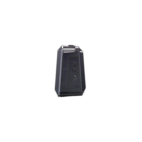 Rear view of black battery powered stereo amplifier for guitars and keyboards totally portable mini PA with effects controls