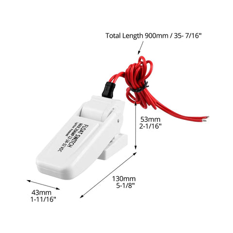 Two Pack Rugged Automatic Boat Bilge Pump Float Switch With Moisture Tight Ignition Protected Seals For Marine Use, 12 24 32 VDC Compatibility shown with measurements