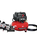 Dead Simple Six Gallon Pancake Air Compressor Bundled With Three Pro Nail Guns Including Finish Nailer Brad Nailer And Pin Nailer Plus Rugged Hose for home projects.