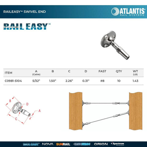Swivel End Fittings For Cable Railings Five Thirty Second Inch 316L Marine Grade Stainless Steel with RailEasy Tensioner