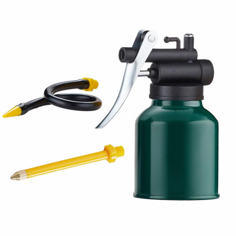 Green metal pistol-pump oil can with lever; 9-inch flexible hose and 3-inch straight spout.